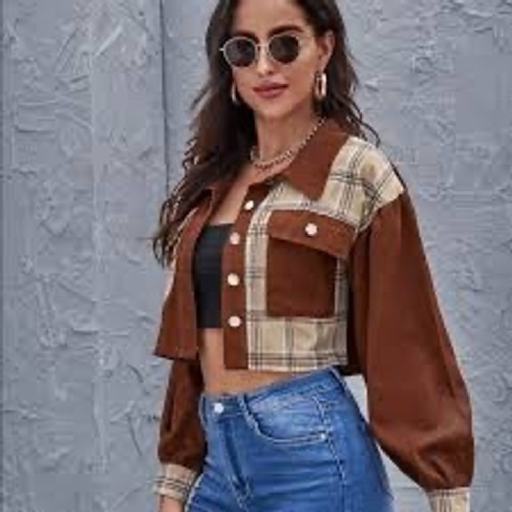 Cropped Plaid PatchworkPuff Sleeve‎ Button Jacket (C8)